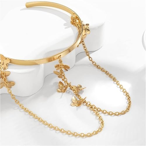 Miniatura 3 de Brazalete con borlas, brazalete superior abierto, ajustable, brazaletes para el brazo, joyería de disfraz de boda para mujer (dorado)