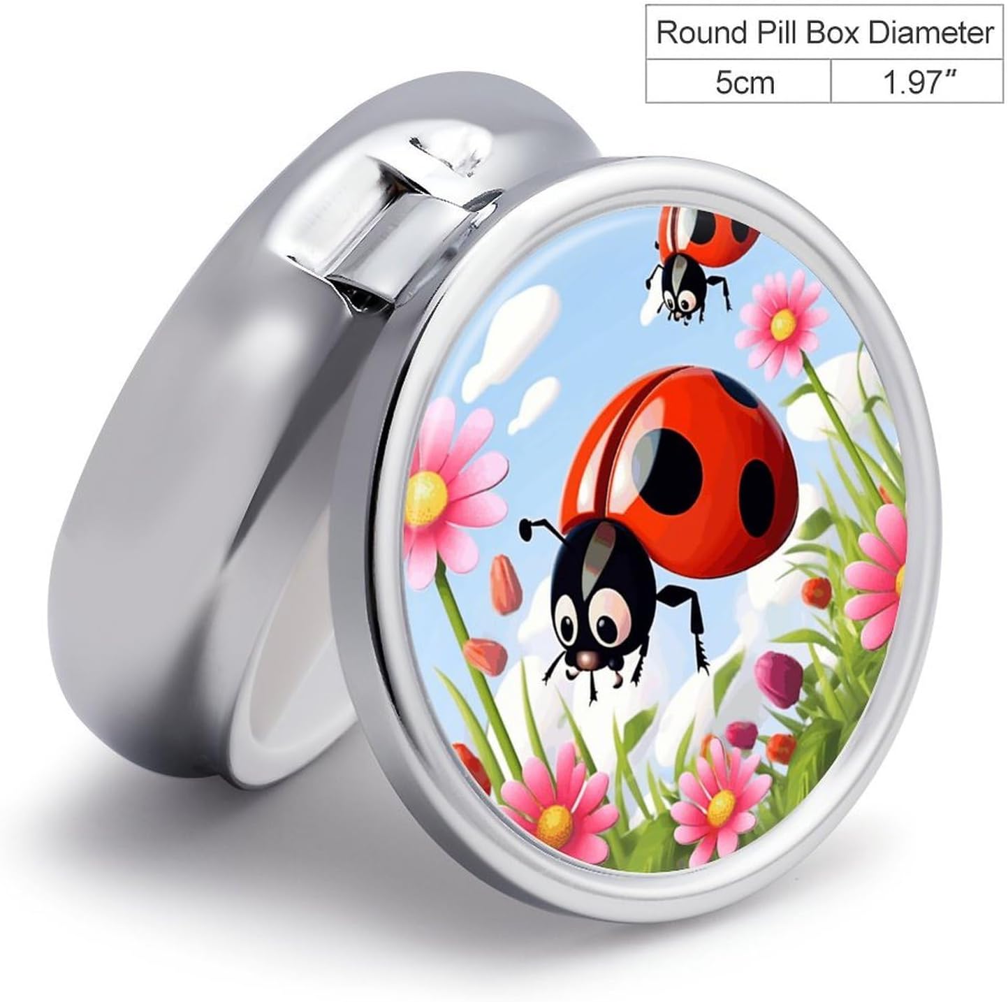 Round Daily Cartoon Ladybug Flower Pill Case with 3 Compartment & Mirror image 2