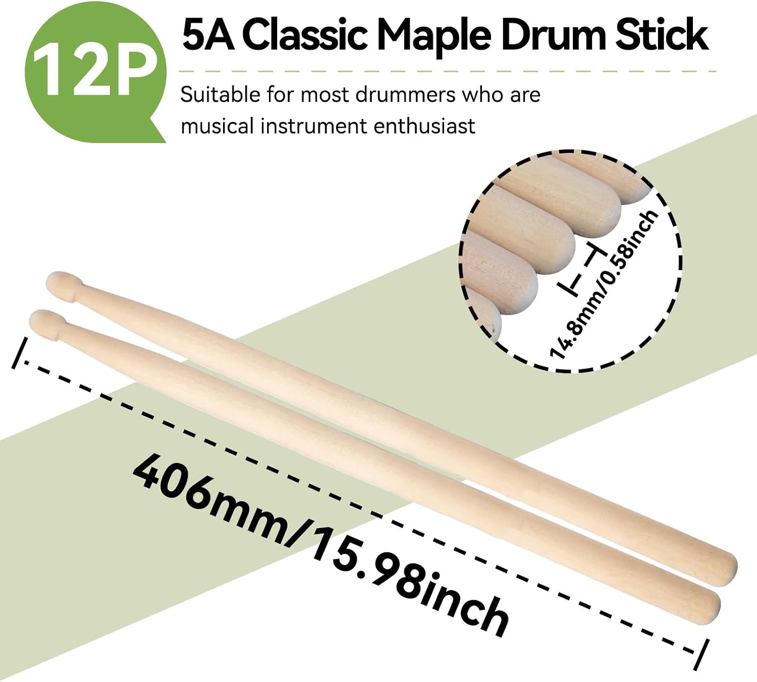 12 Pairs Drum Sticks, Classic Maple Wood Oval Wood Tip Drumsticks for Adults Youth and Beginners for Jazz Drums Electronic Drums Musical Instrument Percussion (5A)