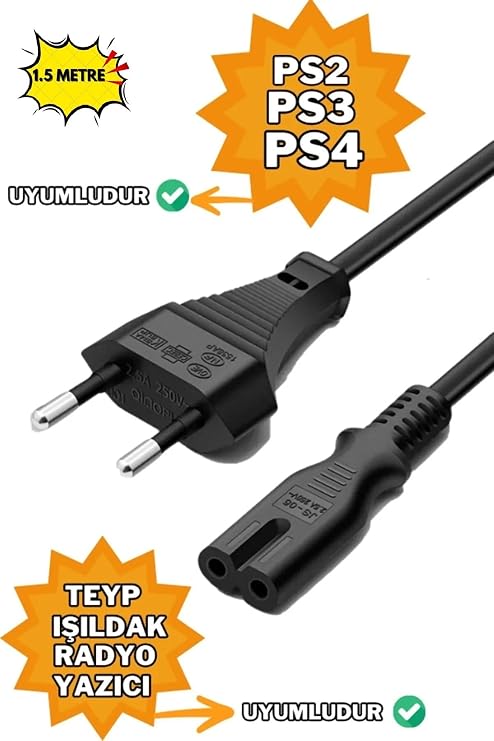 Teyp Elektrik Fişi 1,5 Metre Işıldak Traş Makinesi Şarj Kablosu Power Güç Kablosu Siyah, DERWEL01