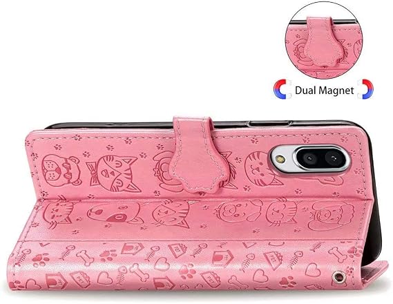 For Sharp Sense 3 Plus ケース, FlipBird Flip Cat＆Dogエンボスレザーウォレットケース、カードスロット、ストラップ付き電話ケース for Sharp Sense 3 Plus Pink