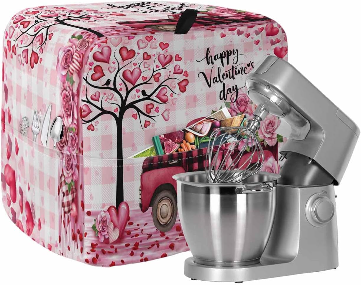 Valentine's Day Stand Mixer Cover with Storage Pocket, Waterproof Kitchen Mixer Covers, Romantic Love Tree Truck Roses Pink Plaid Kitchen Appliance Dust Cover Compatible with 5-8 Quart Mixers