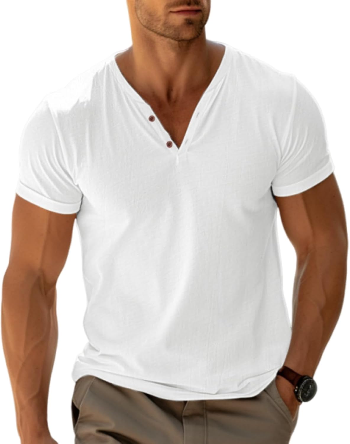T-Shirt Homme Henley Teeshirt col Bouton Ouvert à Manches Courtes pour Homme