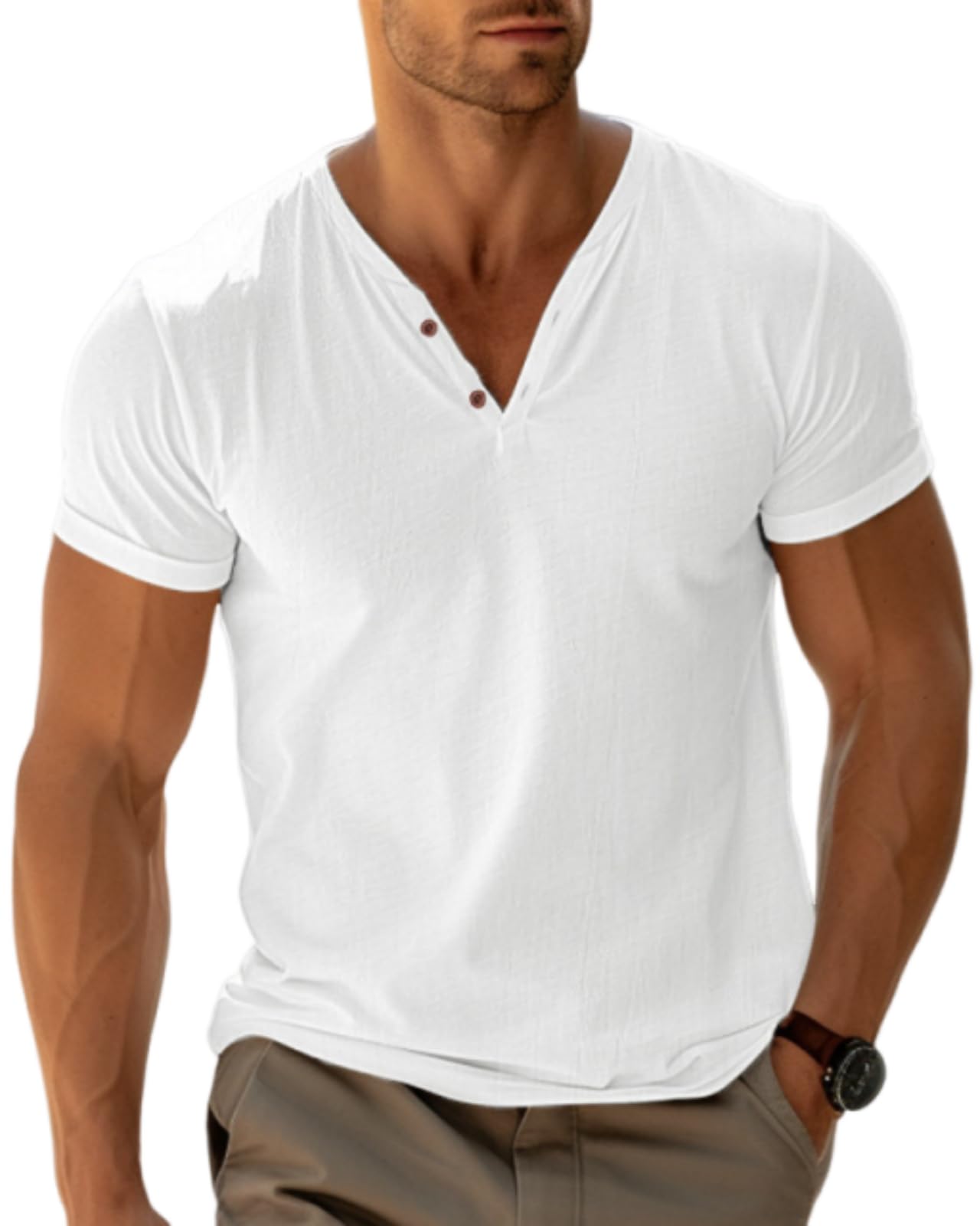 LAOARA Henry Maglietta da uomo estiva, a maniche corte, con bottoni, per vacanze, casual, leggera