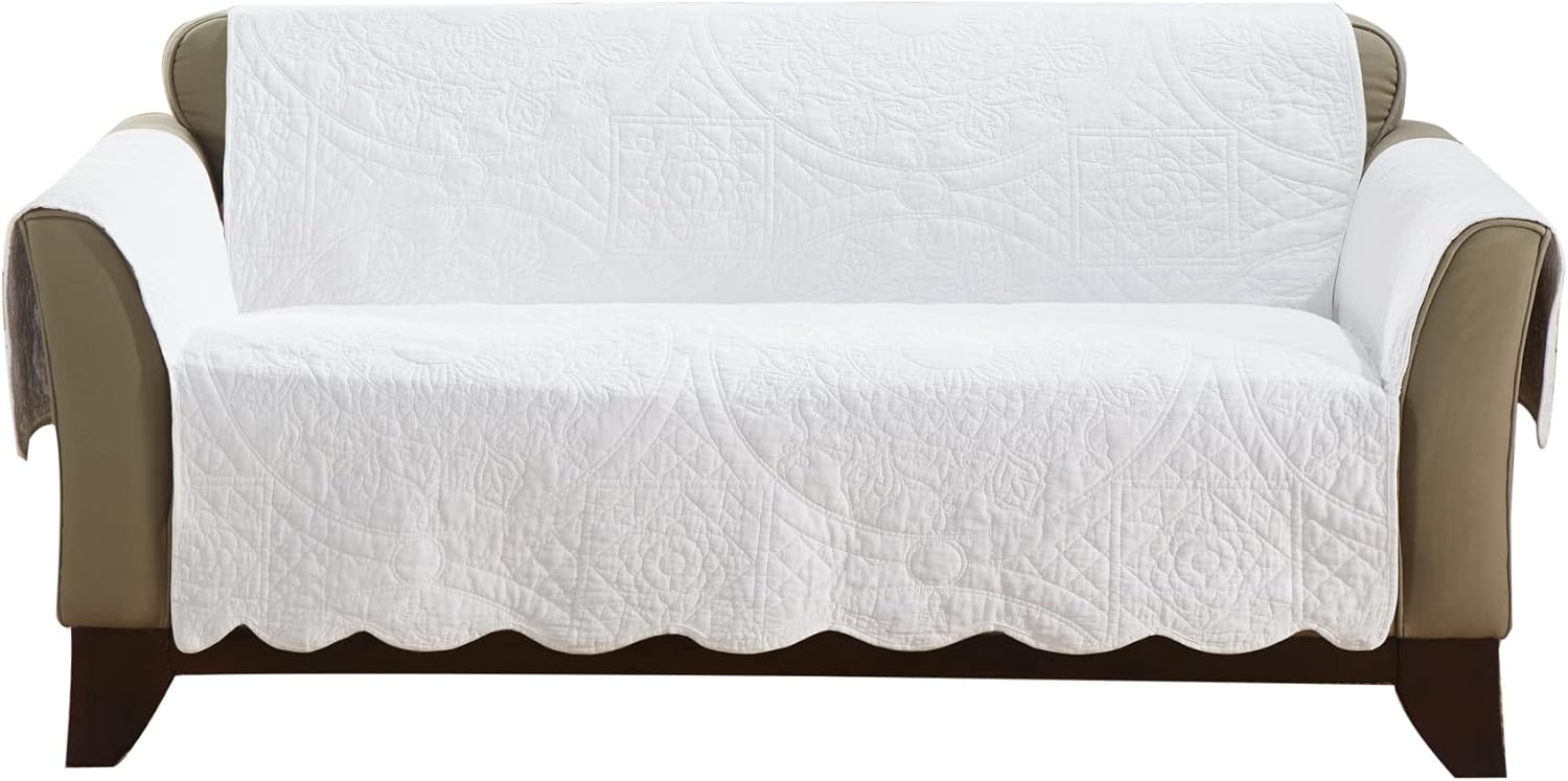 SureFit Heirloom Quilted Cotton Furniture Cover with Scallop Edge, Loveseat Cover, Pet Friendly, Machine Washable, White