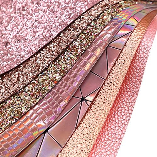 ZAIONE 7Pcs/Set Faux Leather Fabric Sheets Mixed Bundle Shiny Holographic Sparkle Chunky Glitter Leatherette Vinyl 8" x 12"(20cm x 30cm) A4 for Bow Earrings Making DIY Crafts (Rose Gold Series)