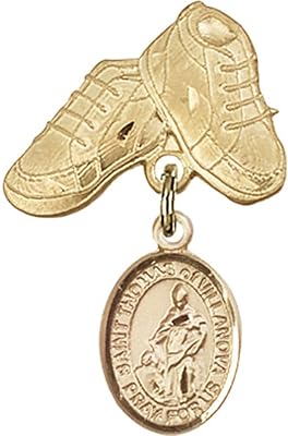 14kt Yellow Gold Baby Badge with St. Thomas of Villanova Charm and Baby Boots Pin 1 X 5/8 inches