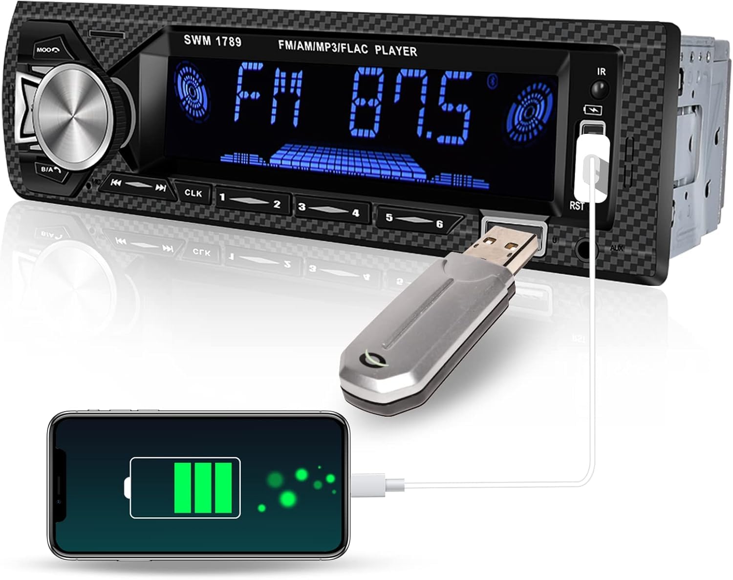 Hikity 1Din Autoradio mit Bluetooth Freisprecheinrichtung, Dualer BT Anschluss, MP3/FM Player mit SD/AUX/2USB und Fernbedienung/7 Farben, 4x60W Verstärker