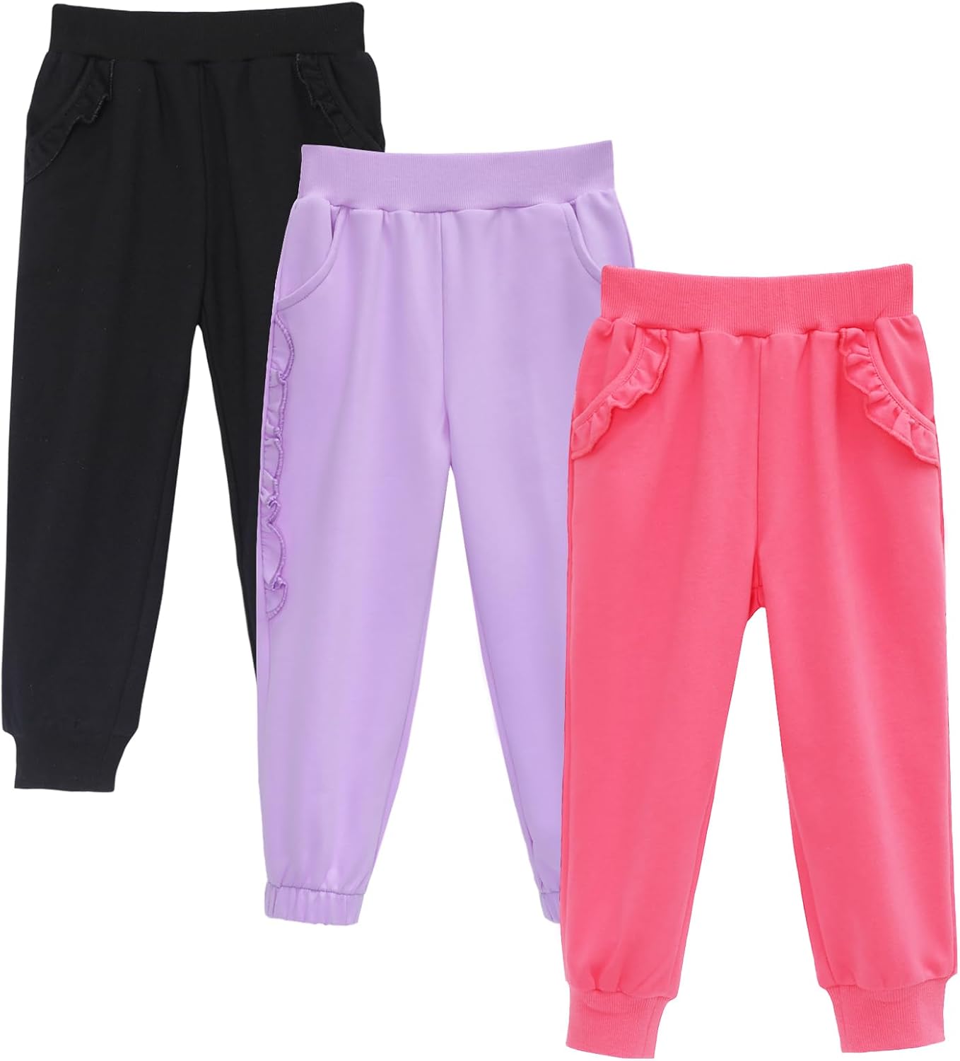 HILEELANG Toddler Girls' Jogger Pants 3-Pack Pull on Cotton French Terry Solid Ruffle Pocket SweatPants12M-7Y