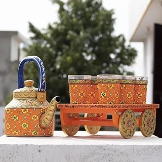 Hand Painted Tea Kettles with 6 Glass Sets and One Wooden Cart for Glass (Orange)