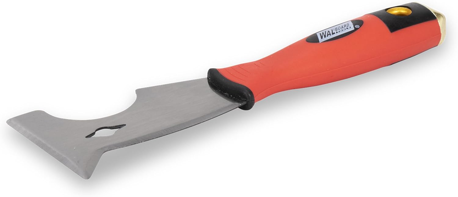 WAL-BOARD TOOLS 9 in 1 Painter's Tool, Soft Grip Hammer-End Multi-Purpose Walboard Painters Tool, Heat-Treated High-Carbon Steel Blade, Scraper and Putty Knife, 015-015