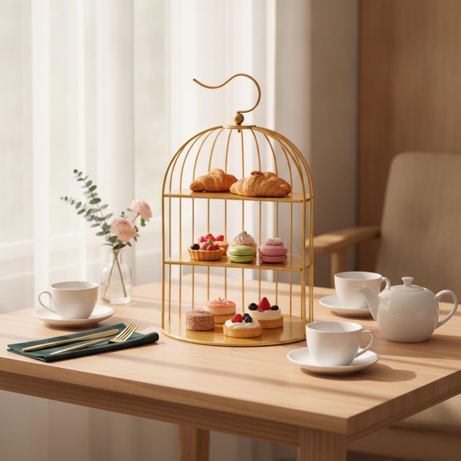 TISHITA Alzata per Dolci Portatorta Vassoio Espositore a Tre Ripiani con Design Elegante a Gabbia E Manico Supporto Stabile per , Nero , Stile Europeo, Design A Gabbia Per Uccelli A Tre Livelli