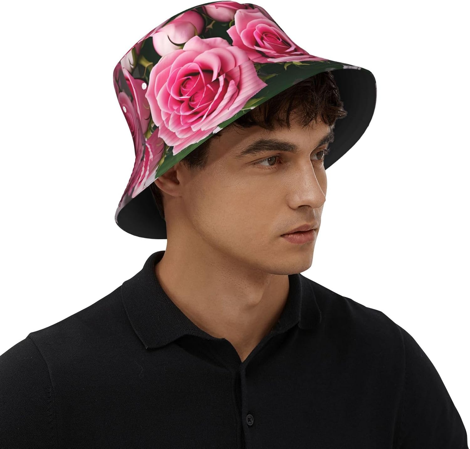 Pink Roses Print Sun Hat Outdoor Fisherman Cap Summer Bucket Hat Beach for Men Women