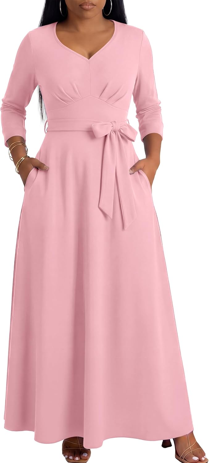 MarryUP Maxi Dress for Women 3/4 Sleeves V-Neck Semi Formal Church Long Casual Dresses with Pockets