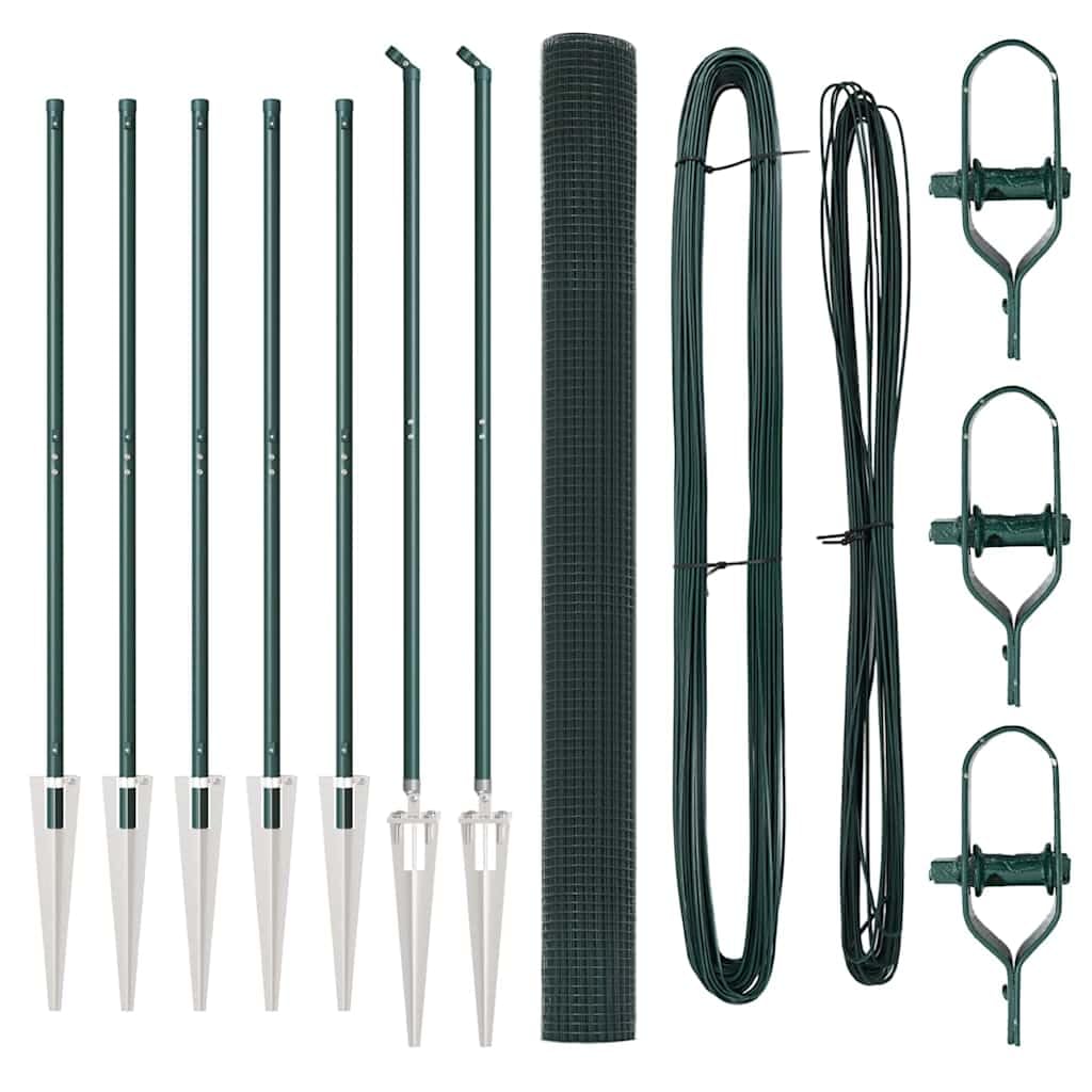 Green Steel PVC Fence Post 10 x 1.6 m 16x16 mm Mesh Outdoor Garden Panel Modular Weather Resistant Kit with 14 Spike Posts