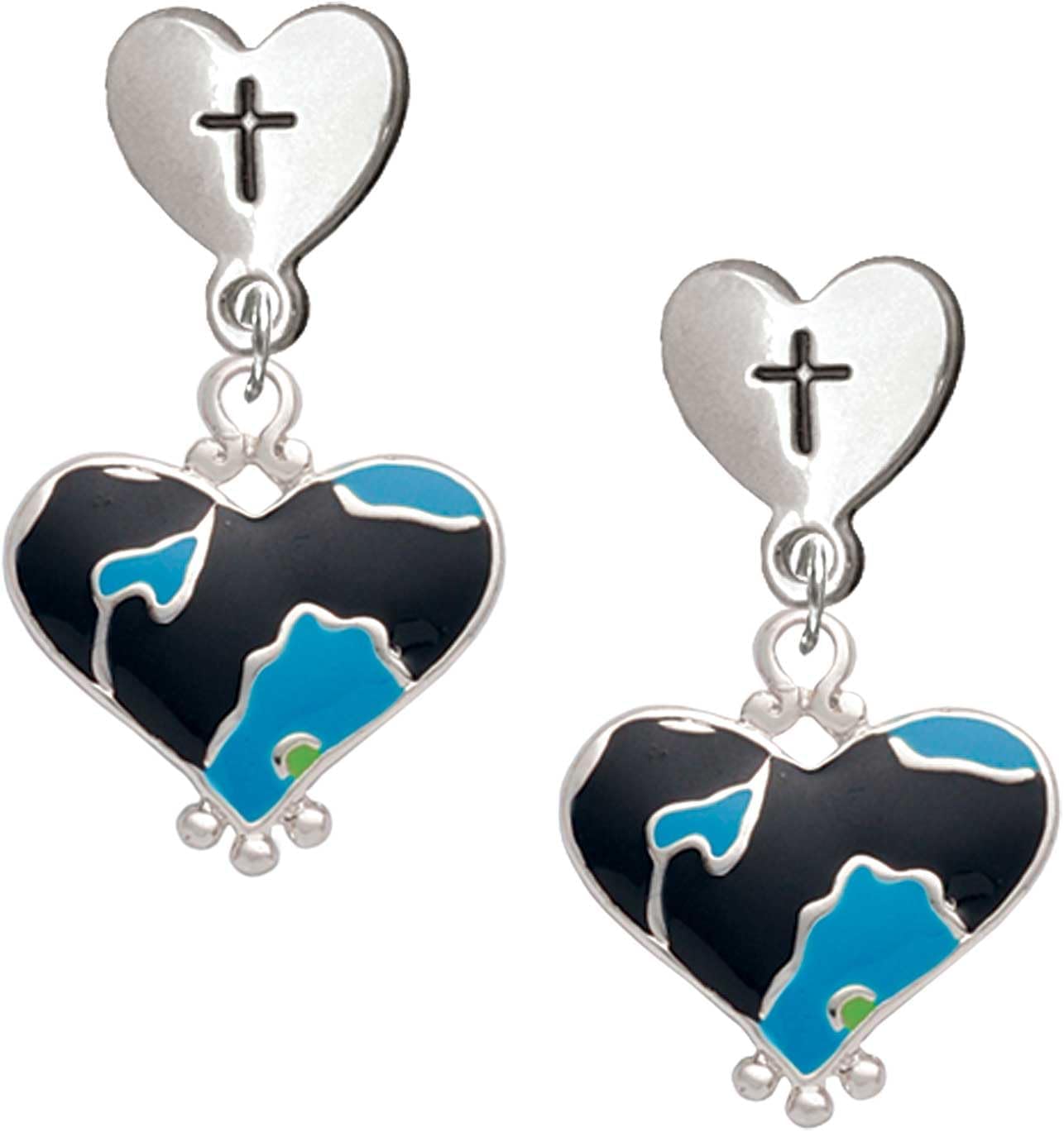 Delight Jewelry Silvertone Enamel Large Cheetah Print Heart Cross in Heart Post Dangle Earrings