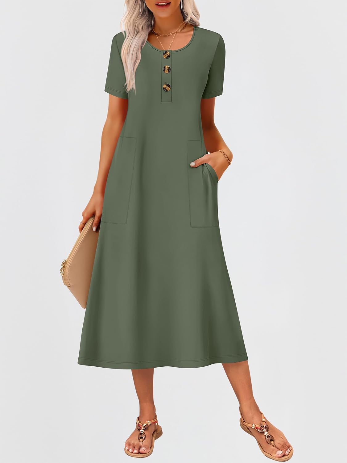 ANRABESS Women's Summer Midi Dress Short Sleeve Button Up Crewneck Casual 2026 Beach Vacation Loose Dresses with Pockets - Image 2