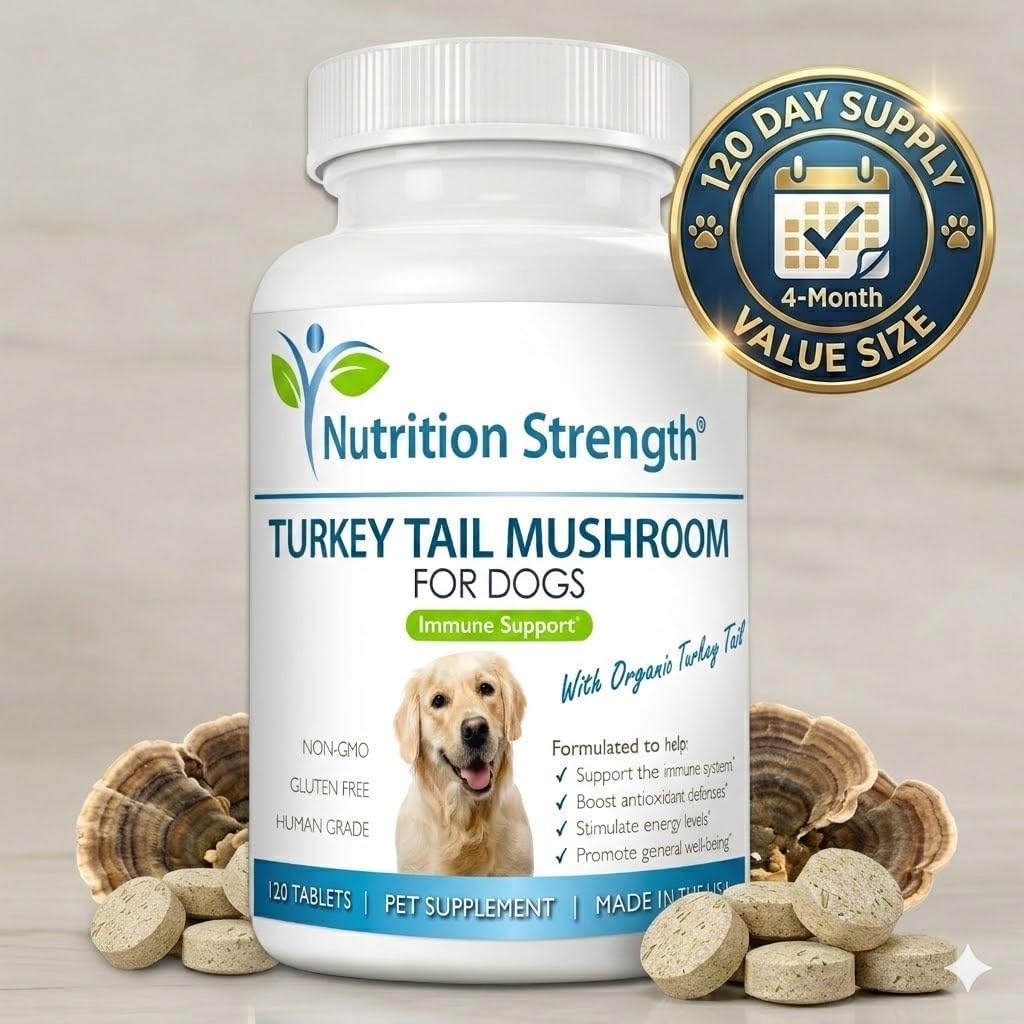 Organic Turkey Tail Mushroom for Dogs - 500mg High Potency Immune Support - Promotes Cellular Health, Antioxidant Activity & Senior Vitality - Non-GMO - 120 Chewable Tablets