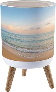 Trash Can with Lid Teal Ocean Waves Sweeping Along Empty Beach Shoreline Sunset Highland Press Top Round Small Garbage Bin with Wooden Legs Waste Basket for Kitchen Bedroom Nursery 7L/1.8 Gallon