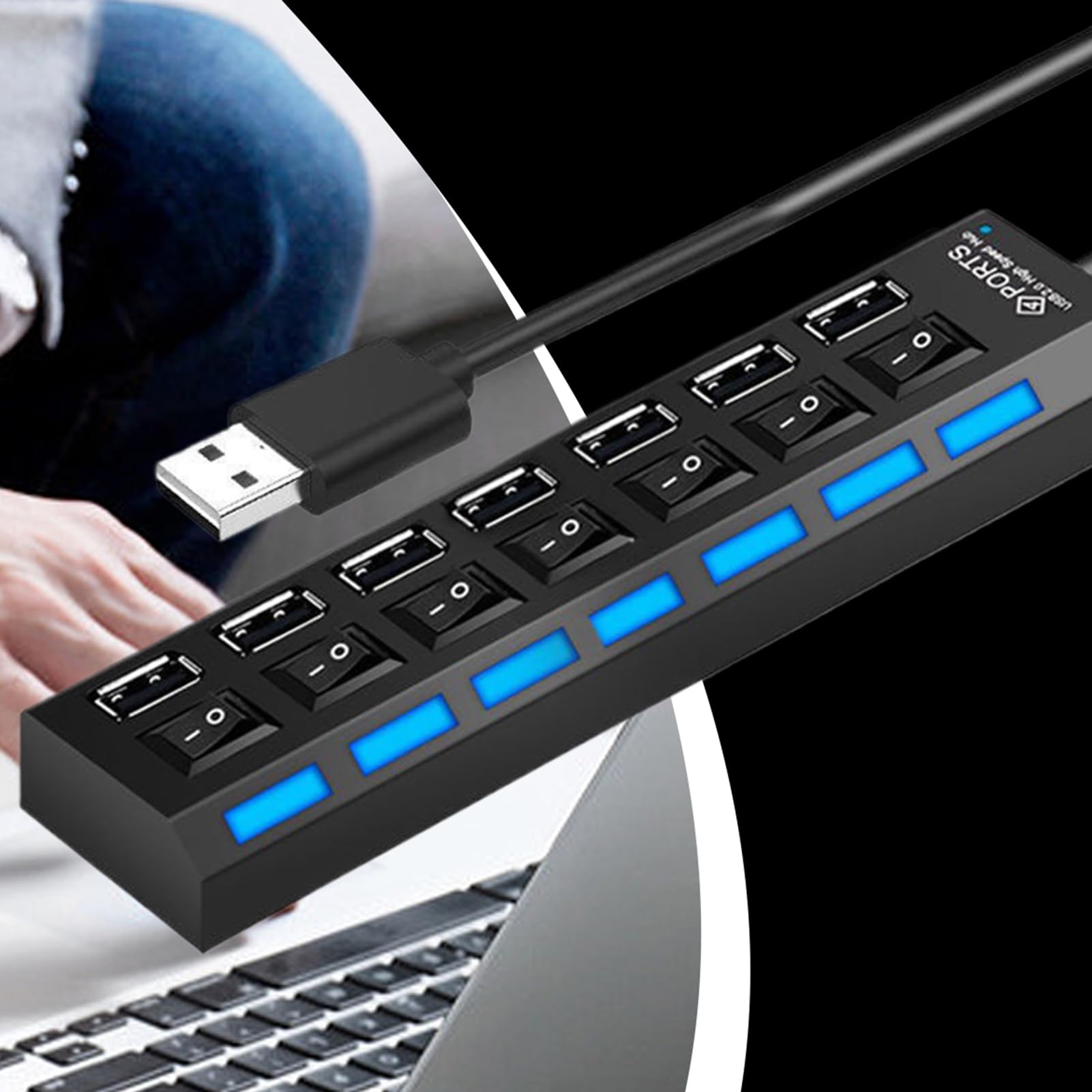 USB C HUB | Transferencia de Datos multiport de 4 Puertos, 7 Puertos | Multipurpose 3.0 USB Hub con botón Individual y Base Antideslizante para Trabajo Remoto Edición de Video Descripción