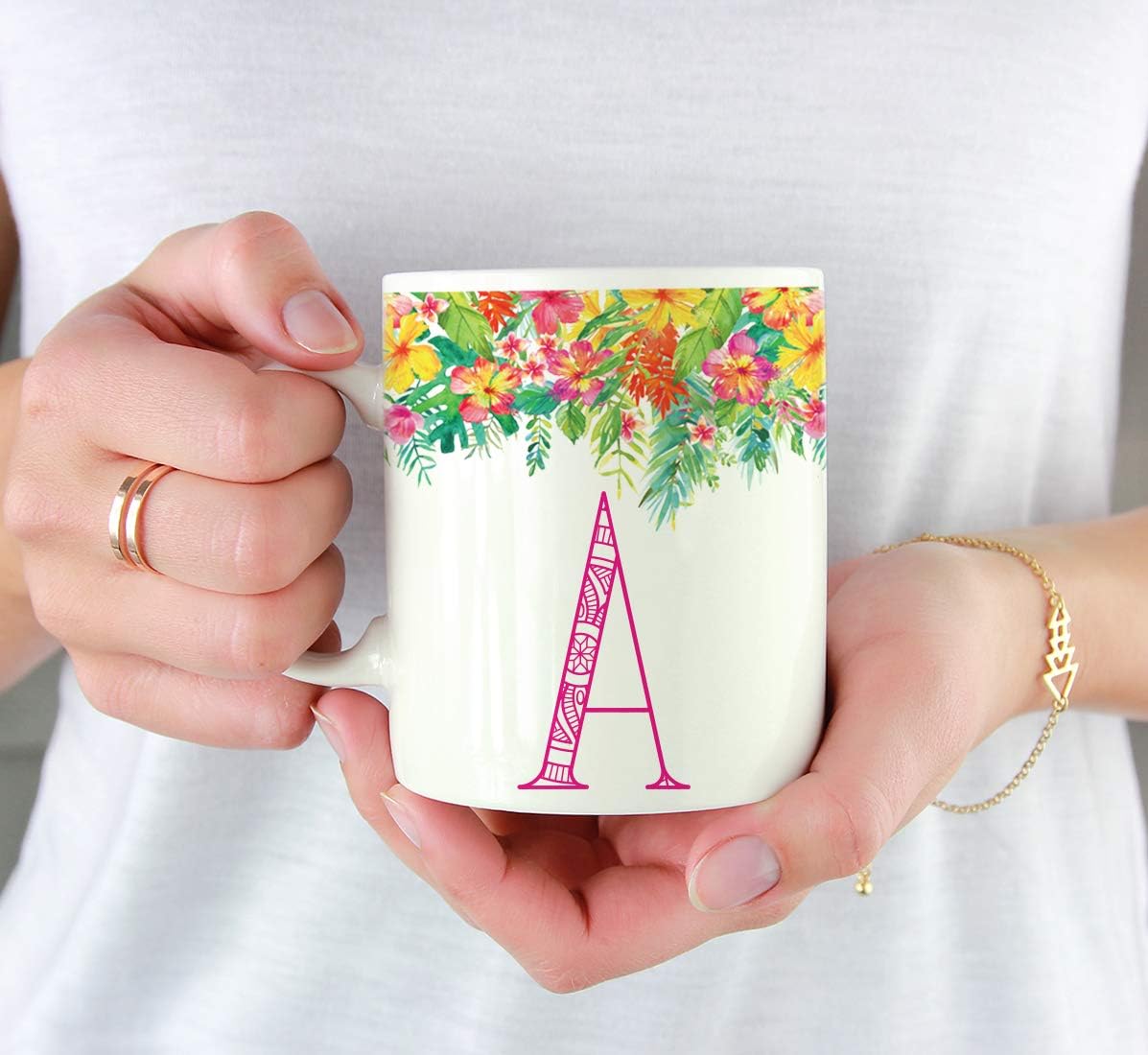 Andaz Press 11oz. Coffee Mug Gift, Hawaiian Tropical Floral Hibiscus Flowers Garden Party, Monogram Initial Letter A, 1-Pack, with Gift Box, Christmas Birthday Mother's Day Graduation Present Ideas