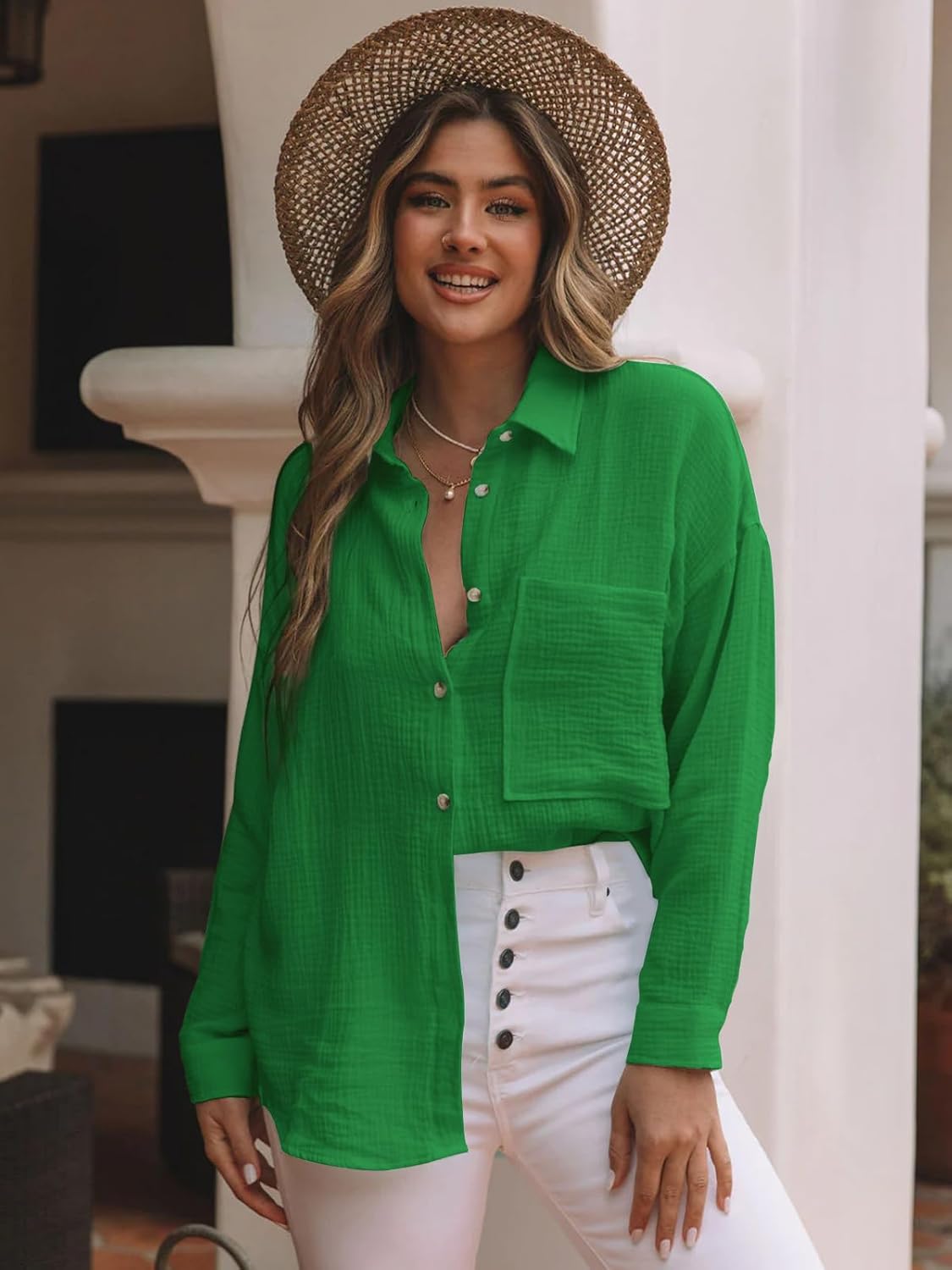 siliteelon Womens Button Down Shirts Cotton Long Sleeve Oversized Boyfriend Blouses Collared Dress Tops with Pockets - Image 3