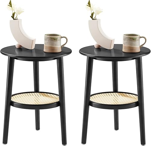 APICIZON Juego de 2 mesas auxiliares redondas mesita de noche de ratán blanco con almacenamiento mesa auxiliar pequeña para sala de estar dormitorio