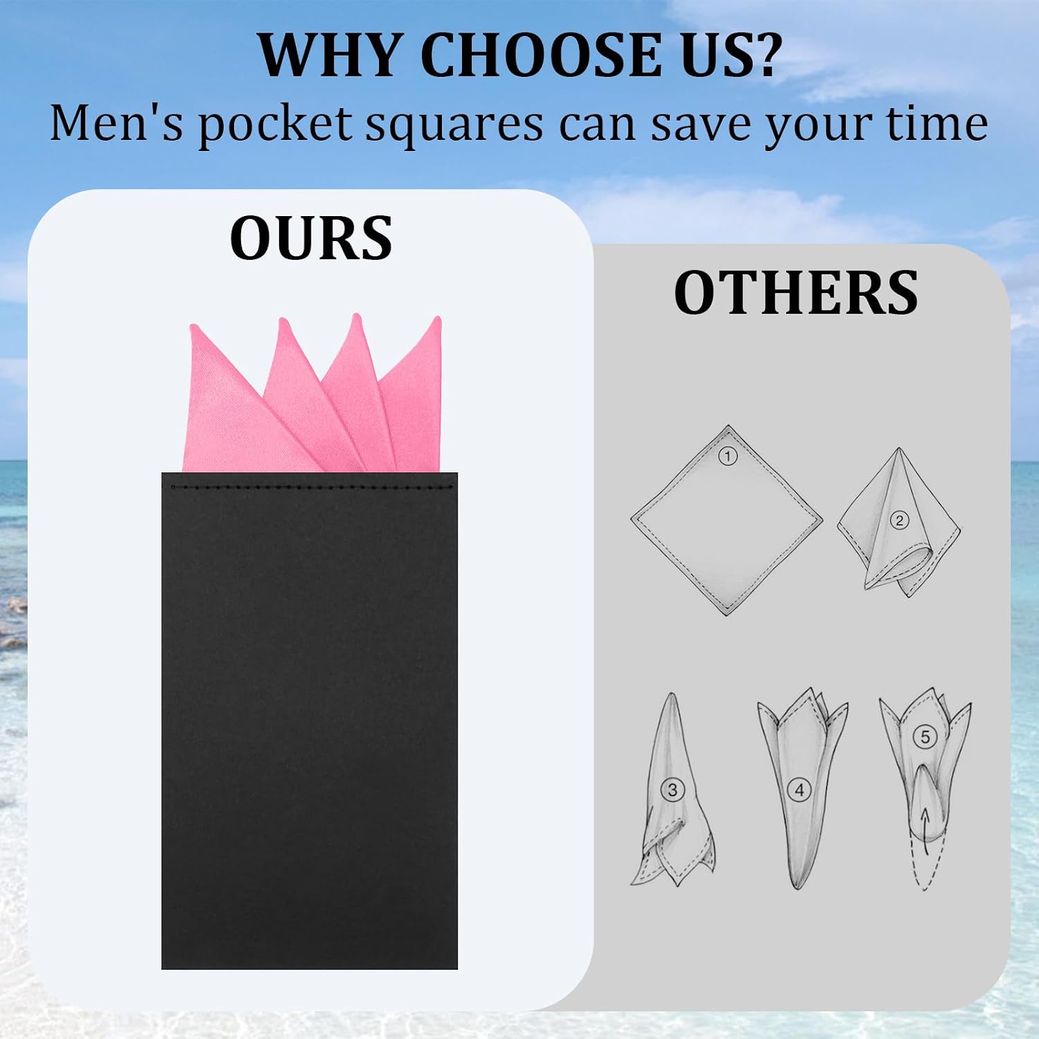 Pre-folded Pocket Squares for Men on Card, Solid Color Mens Suit Handkerchiefs for Business Wedding Party Daily