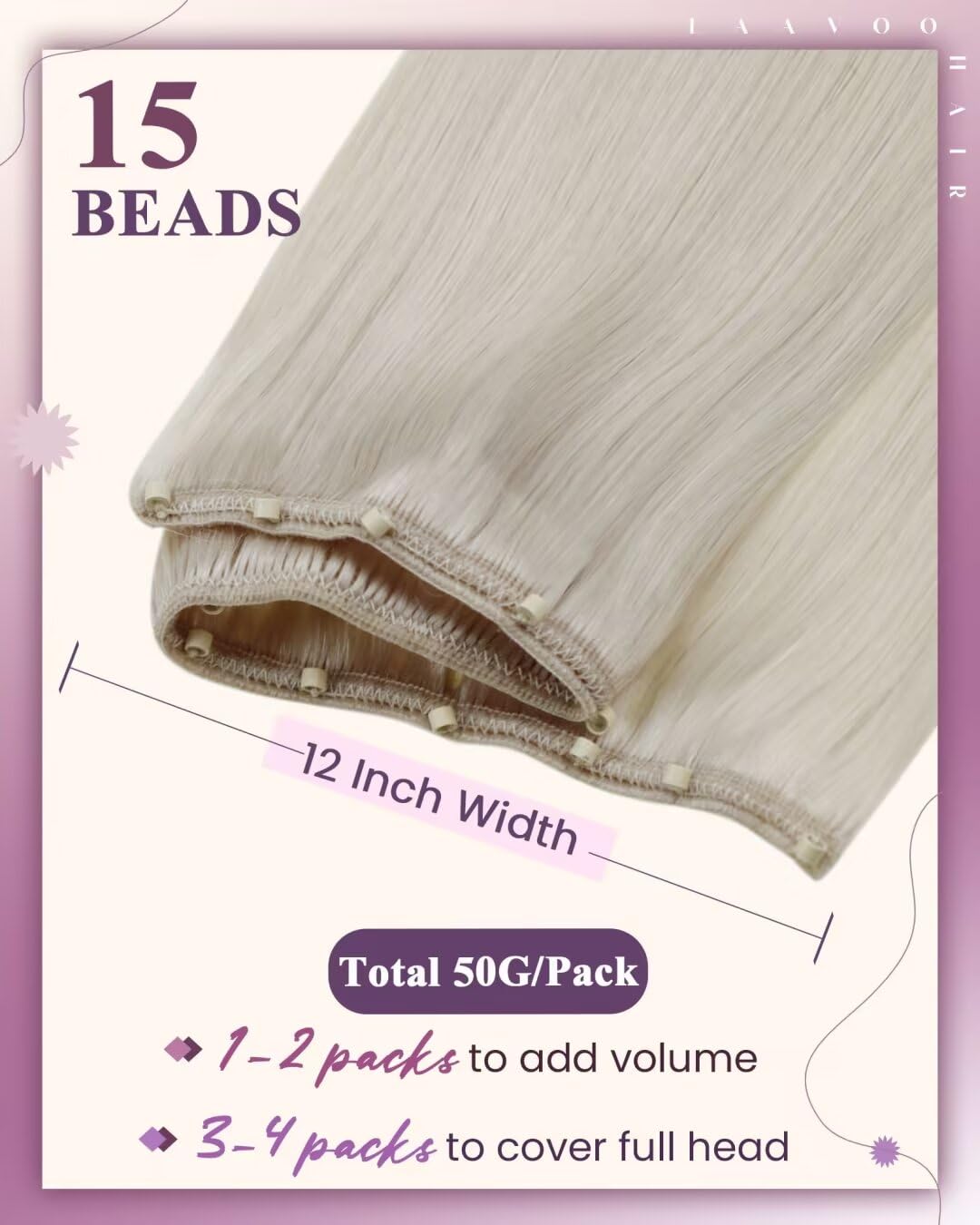 LaaVoo Beaded Weft Hair Extensions Human Hair Micro Beads Hair Extesions Blonde Beade Hair Extensions Human Hair White Blonde 50g 22inch