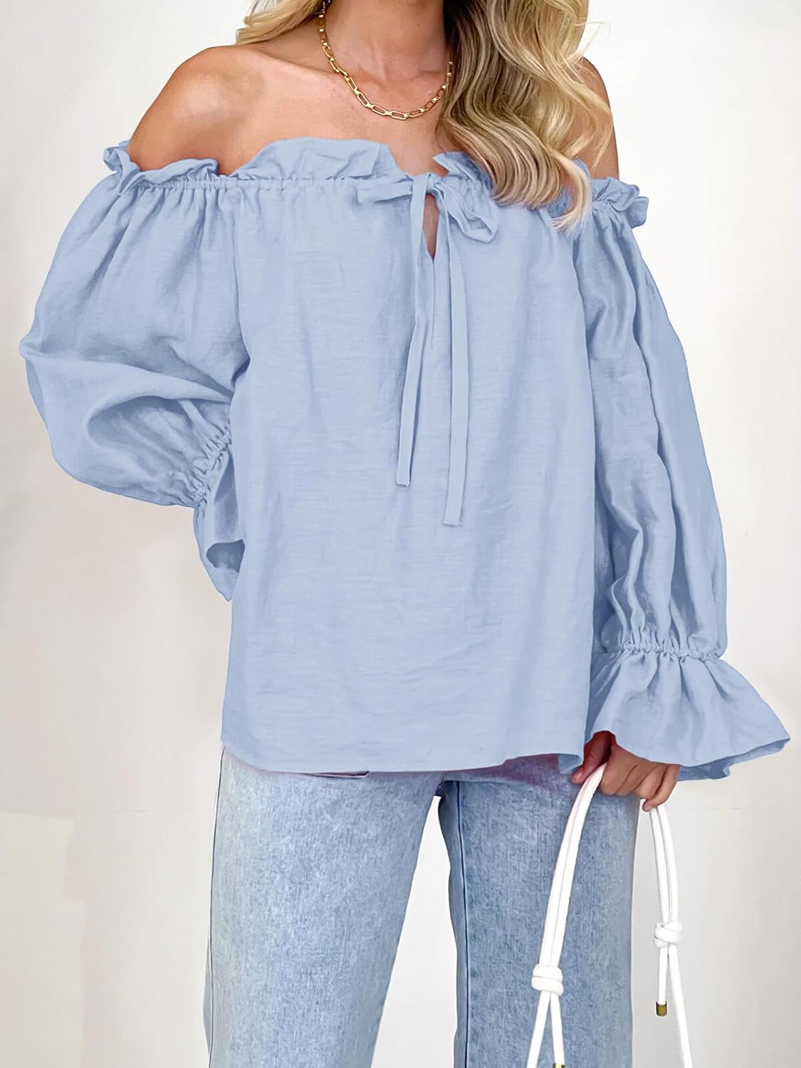 Imily Bela Womens Off The Shoulder Tops Puff Long Sleeve Tie Front Loose Fit Ruffle Shirts Blouses - Image 4