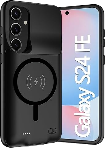 Wireless Charging Case for Galaxy S24 FE, Upgraded 12000mAh Rechargeable Portable Charging Case Compatible with Galaxy S24 FE 6.7 inch with Carplay Extended Battery Pack Charger Case Black