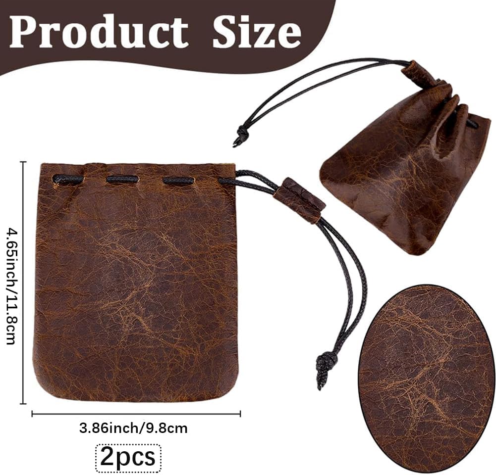 Beebeecraft 2Pcs 4.65x3.86 Inch Drawstring Leather Pouch Coconut Brown Cowhide Leather Coin Pouch Bags Small Vintage for Storage Earphone Jewelry
