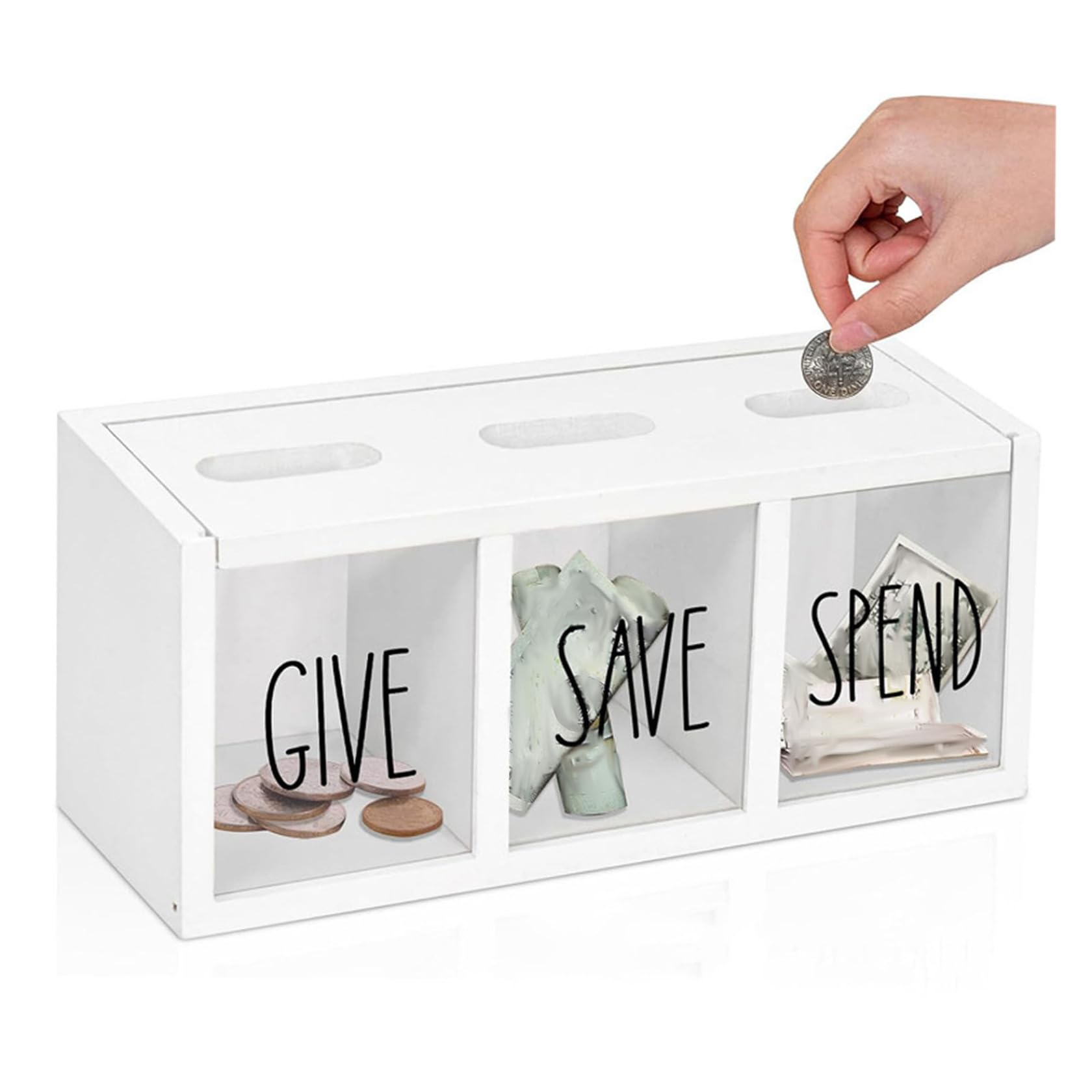 Mounttu Boys White Spend Save Give Piggy Bank, Money Coin Savings Piggy Bank Jar Box, Teach Children About Giving & Saving Money Box, Visualized For Childrens Girls Clear Kids