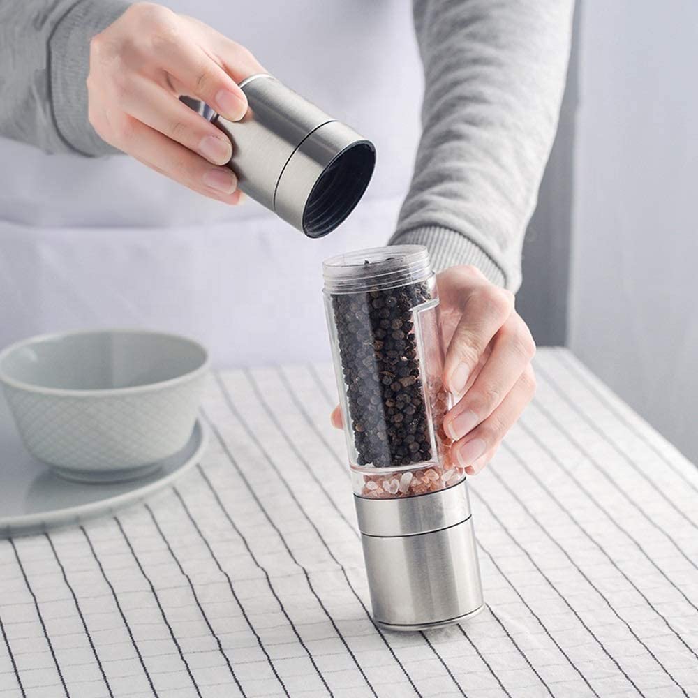 Młynek do soli i pieprzu, młynek do soli i pieprzu - Młynek do soli i pieprzu ze stali nierdzewnej - Pieprz 2 w 1 Wymienny rdzeń ceramiczny Dwugłowy młynek do pieprzu