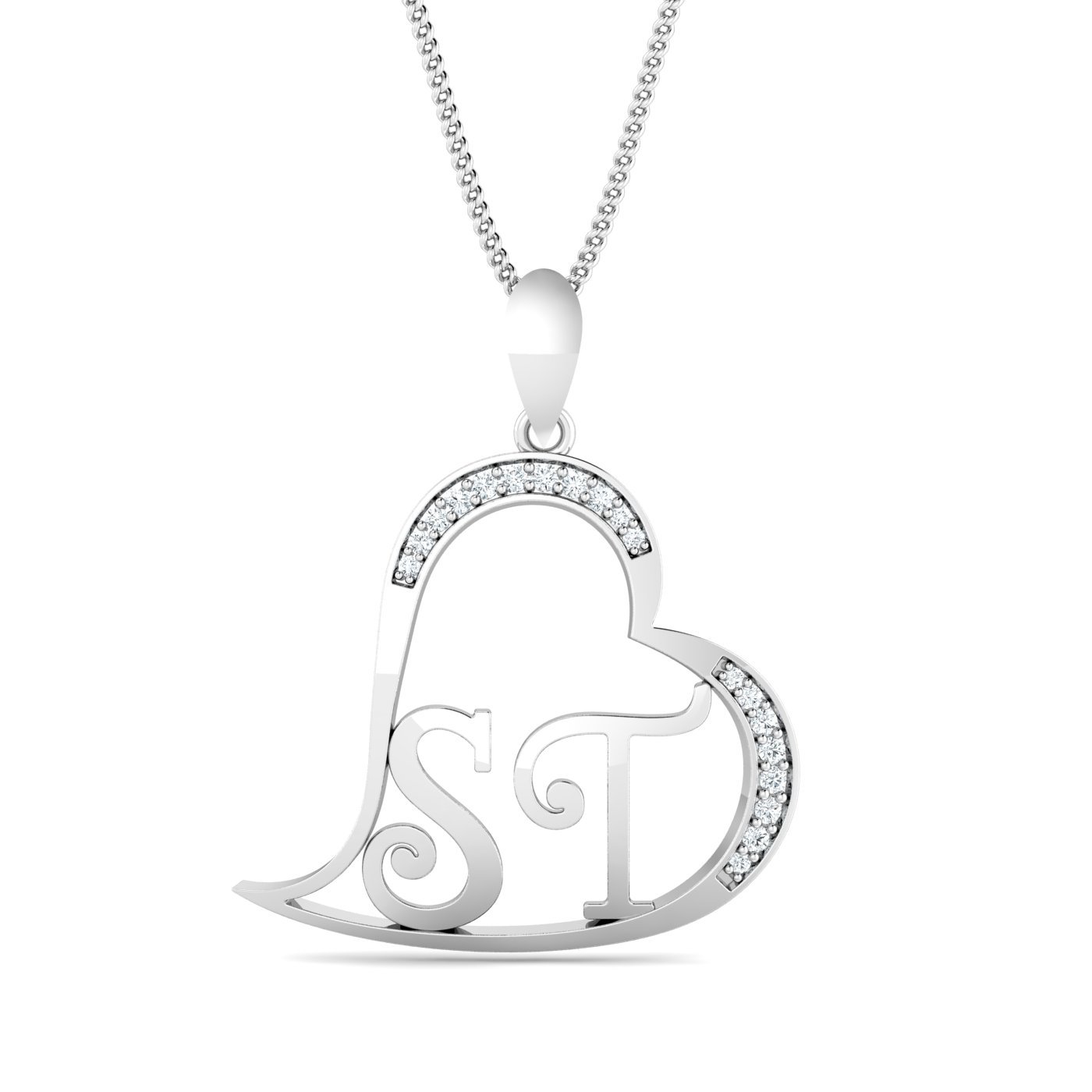 14KT White Gold ST Initials Heart Pendant for Women