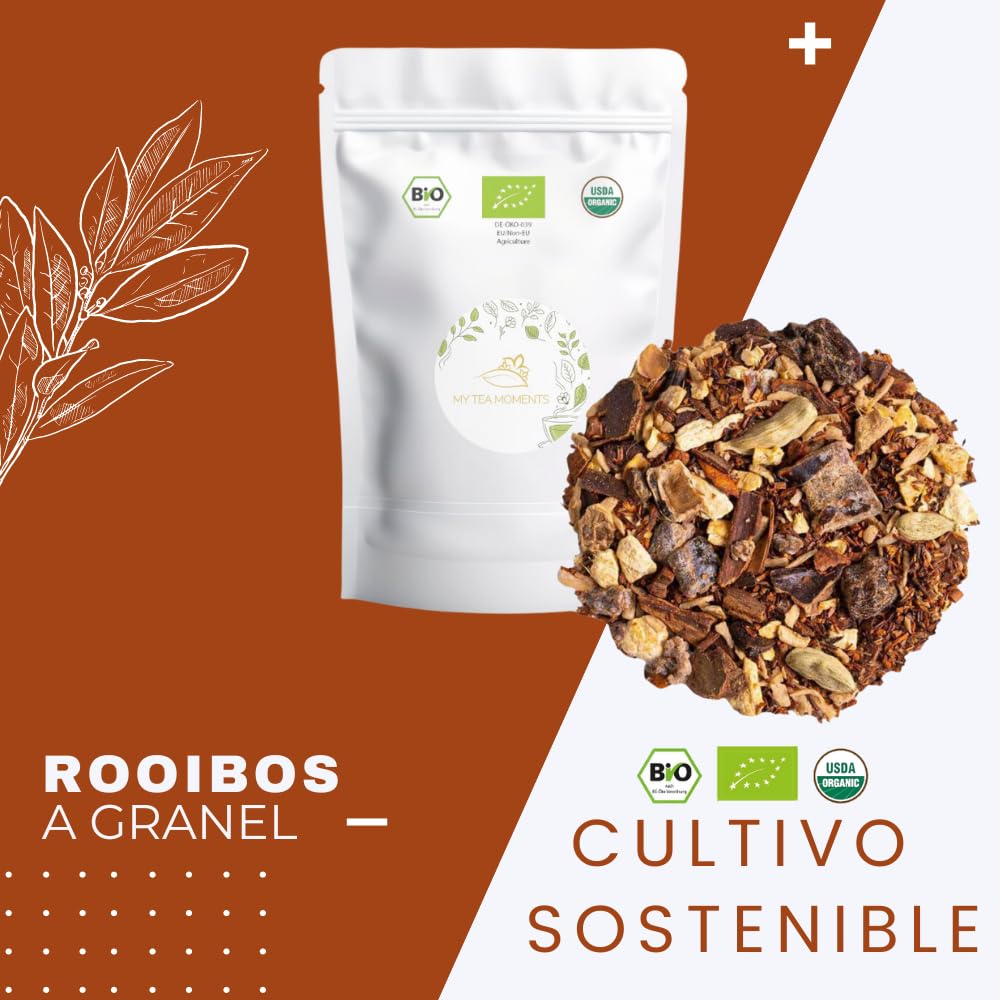 Rooibos de Canela y Jengibre a Granel 100 Gramos - My Tea Moments - Cultivo Sostenible - Ingredientes Naturales: Algarroba, Canela, Cardamomo, Coco, Dátil, Jengibre, Uva Pasa.