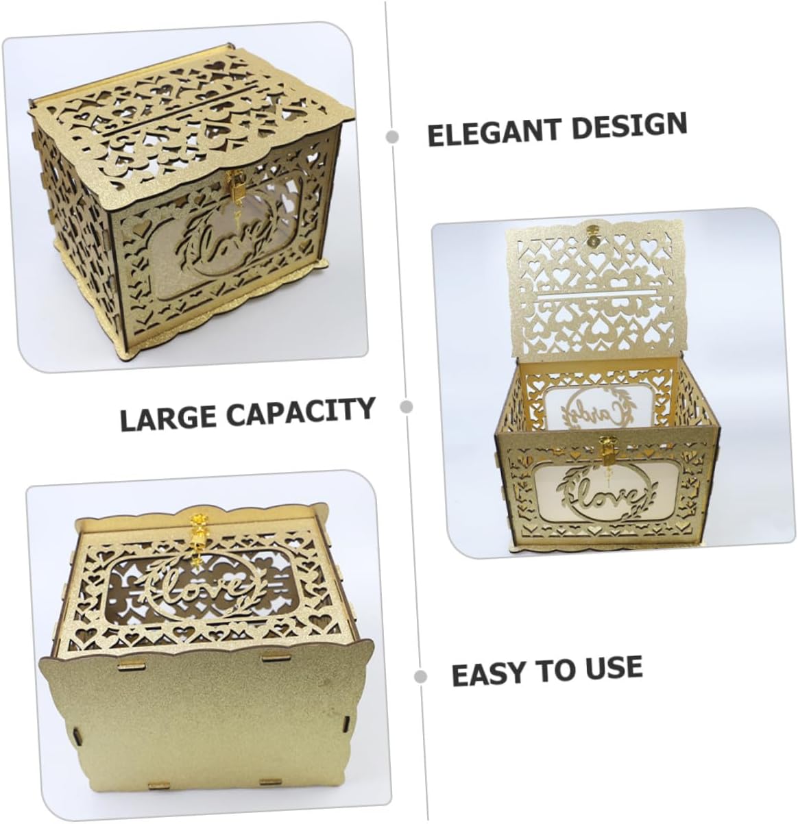 Sewroro Wooden Hollow Wedding Reception Card Box with Glitter Finish, Envelope and Greeting Cards Holder, Anniversary and Birthday Decoration Storage Container for Party Events