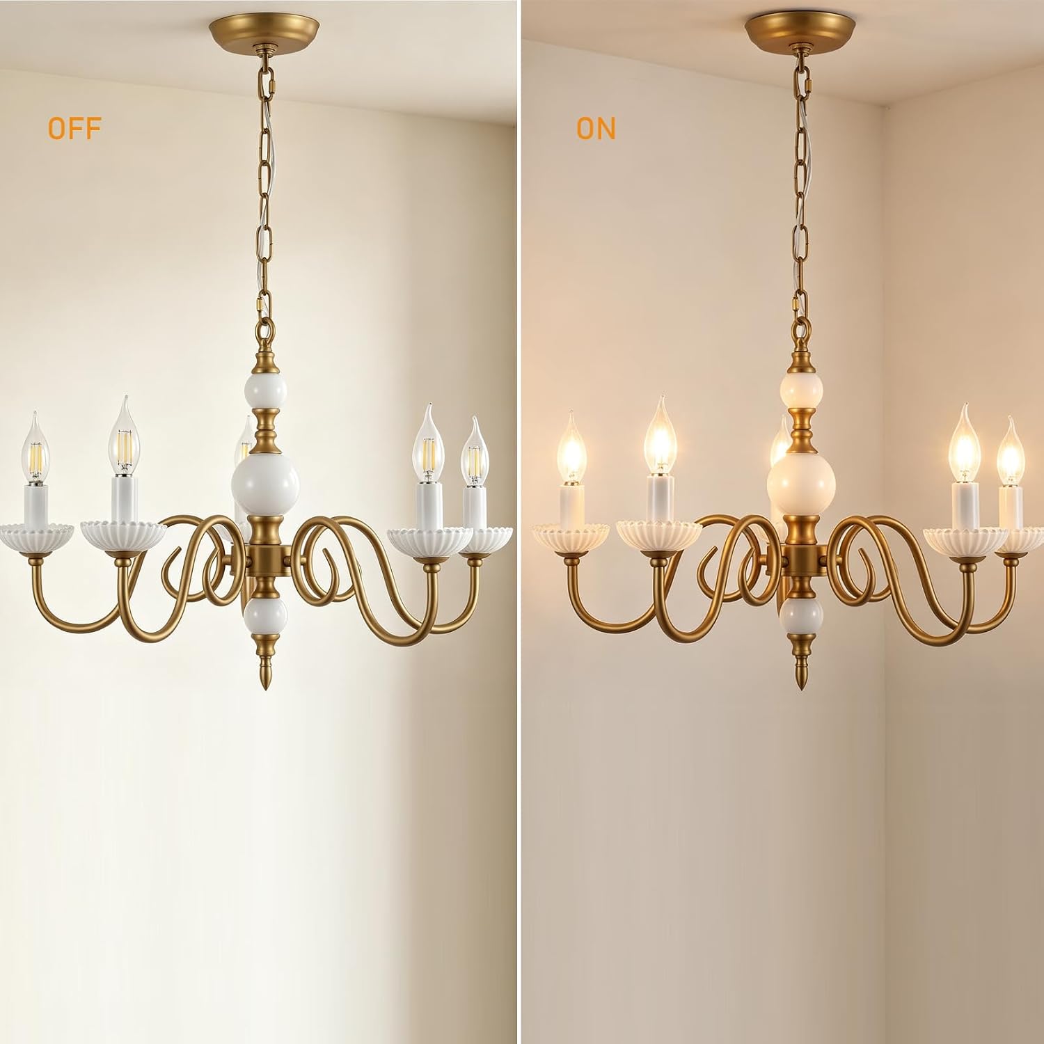 French Country Chandelier 5-Lights Gold Brass Candle Chandelier Light Fixtures Modern Glass Pendant Lights Adjustable Chain Hanging Lamp for Dining Room Kitchen Island Living Room Entryway