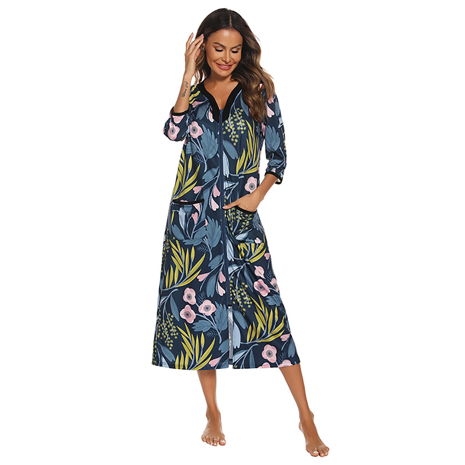 Citridarll Women Floral Nightgowns Short Sleeve Housecoat Zip Front Full Length Cotton Robes Loungewear with Pockets,Navy Blue Floral,XXL