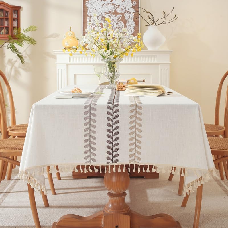 Lifetooler Table Cloths Rectangle Cotton Linen Tassel Tablecloth Waterproof Wrinkle Free Table Cover for Kitchen Dinning Tabletop Decoration(White,55 x 71 Inch)