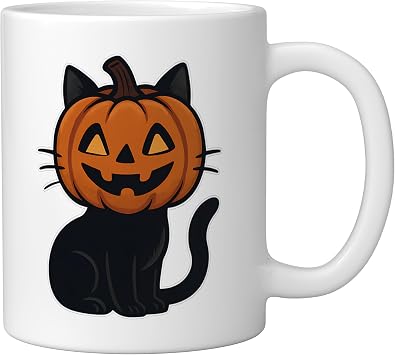 Pumpkin Head Black Cat Ceramic Mug, White, 11oz