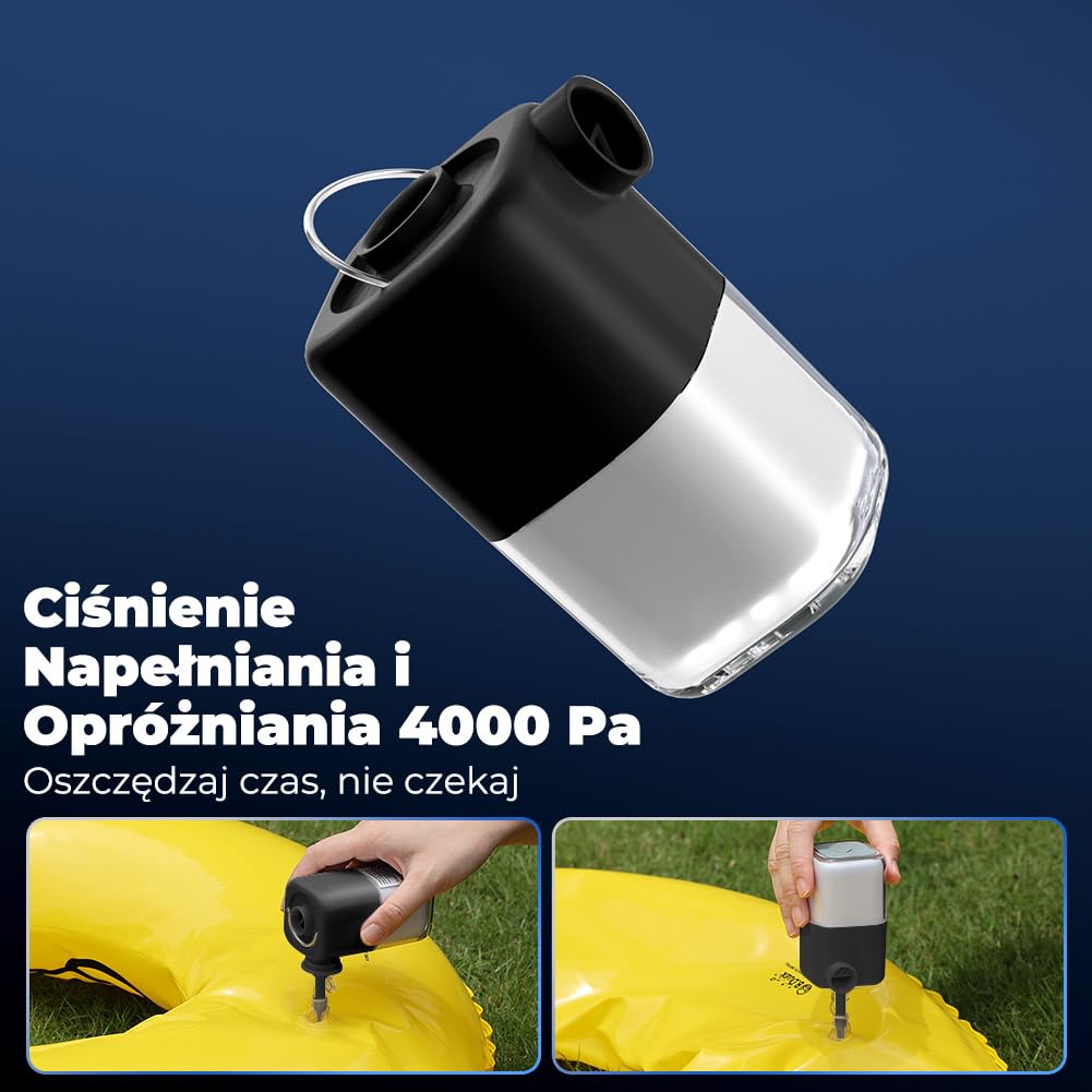 Przenośna pompka elektryczna 4000 kPa do nadmuchiwanego materaca, elektryczna pompa powietrza 3000 mAh z lampą kempingową, może nadmuchiwać i nadmuchiwać, czarna