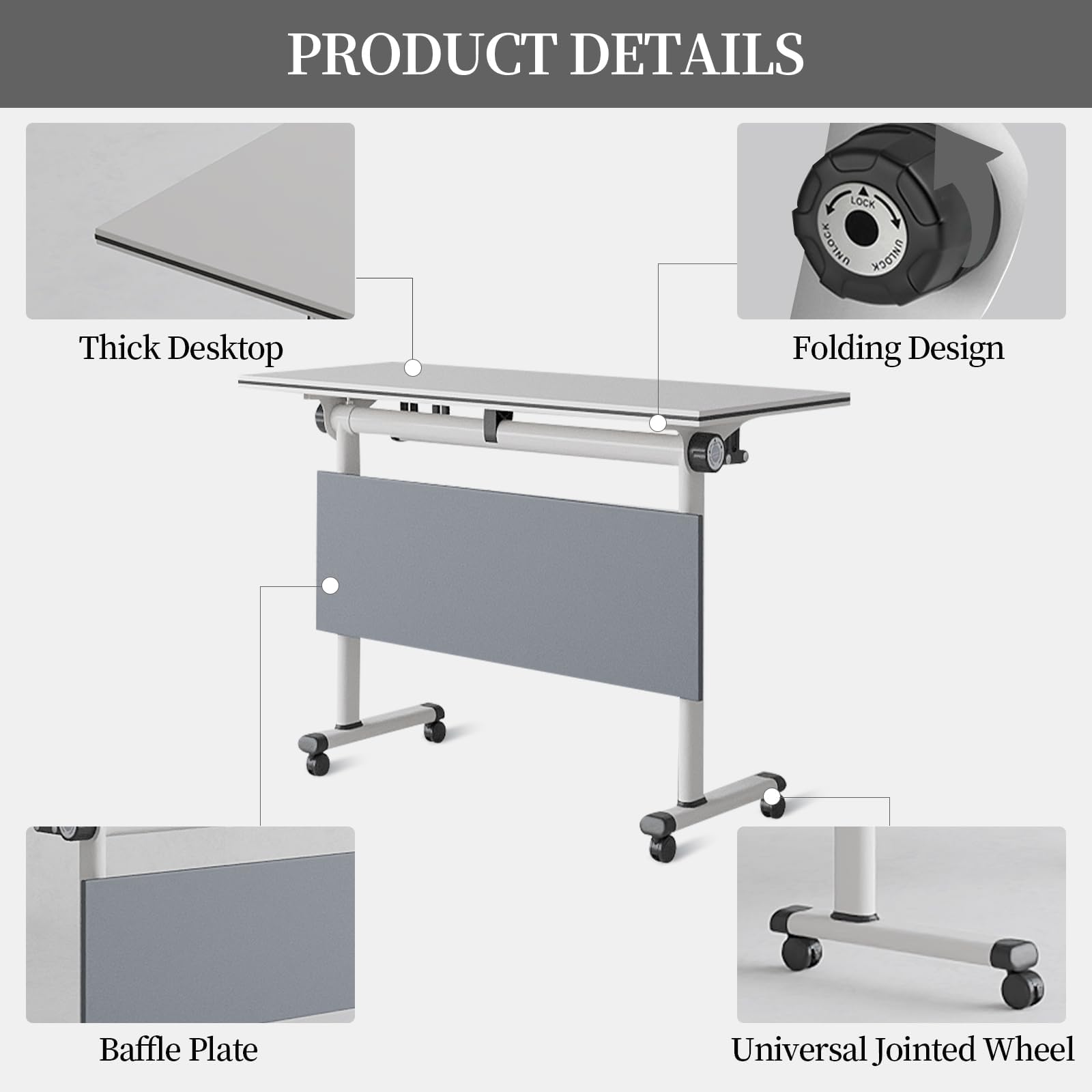 Mobiler Konferenztisch, zusammenklappbar, moderner Konferenztisch mit Klappdeckel für Büro, Seminar, Klassenzimmer, tragbar, Weiß, 2 Stück, Größe 140 x 50 x 75 cm