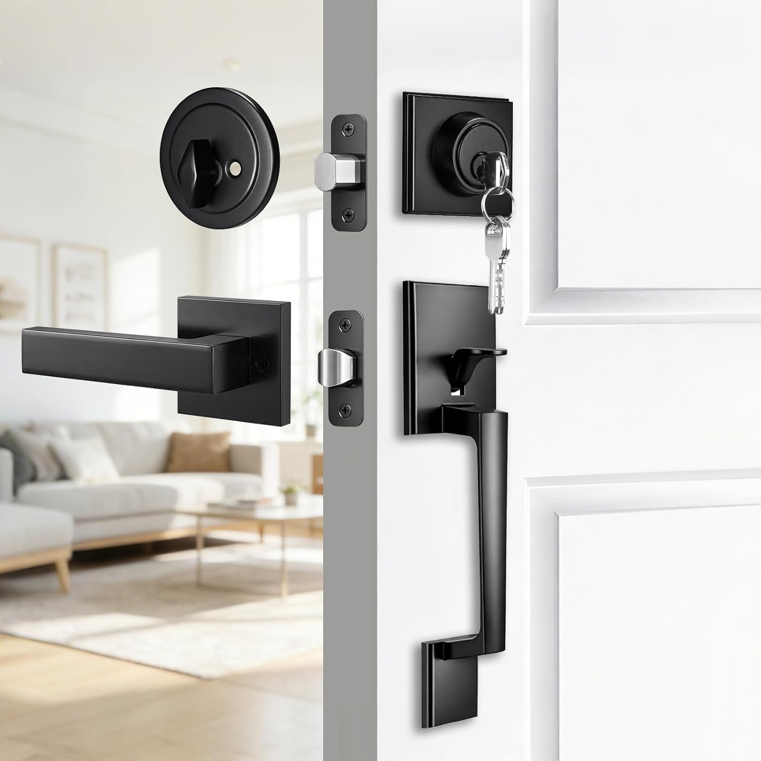 Front Door Lock Set, Heavy Duty Single Cylinder Front Door Handle and Deadbolt Set, Adjustable Deadbolt with Exterior Interior Reversible Lever for Right & Left, Matte Black