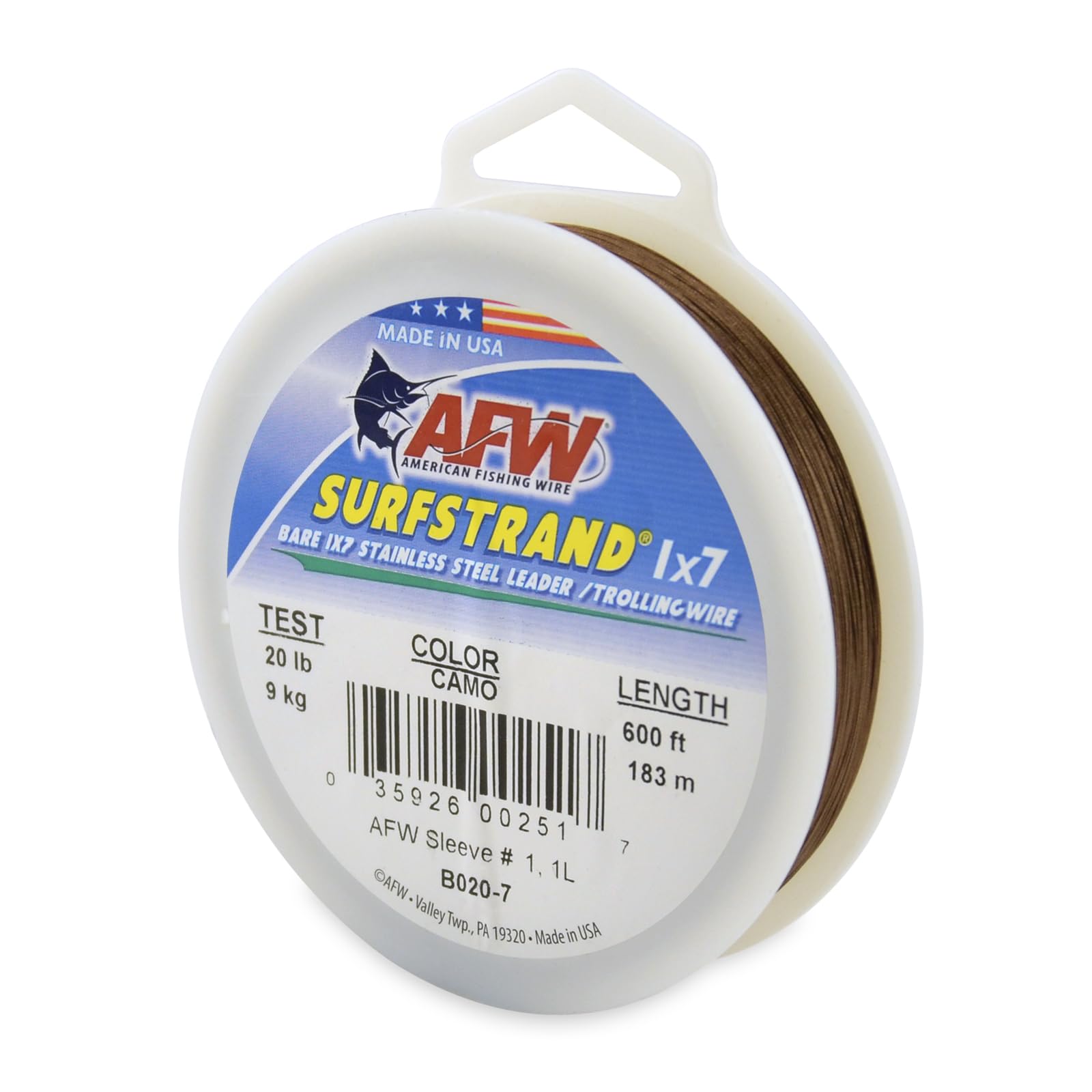 American Fishing Wire Surfstrand, Bare 1x7 Stainless Steel Leader Wire, 20 lb Test, 0.011" Diameter, Camo, 600 ft
