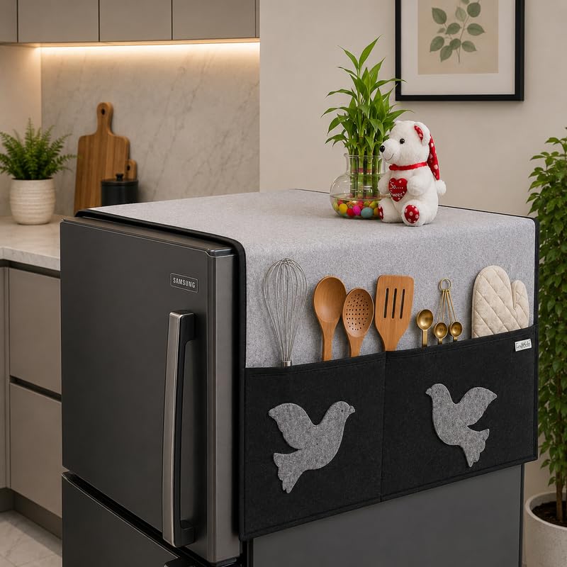 Fridge Top Cover with 5 Storage Side Pockets | Dustproof Fridge Cover Mat | Durable, Water-Resistant, Anti-Dust Protector | for Single & Double Door Refrigerators (Grey Black, 24X21 Inches) Pack of 1