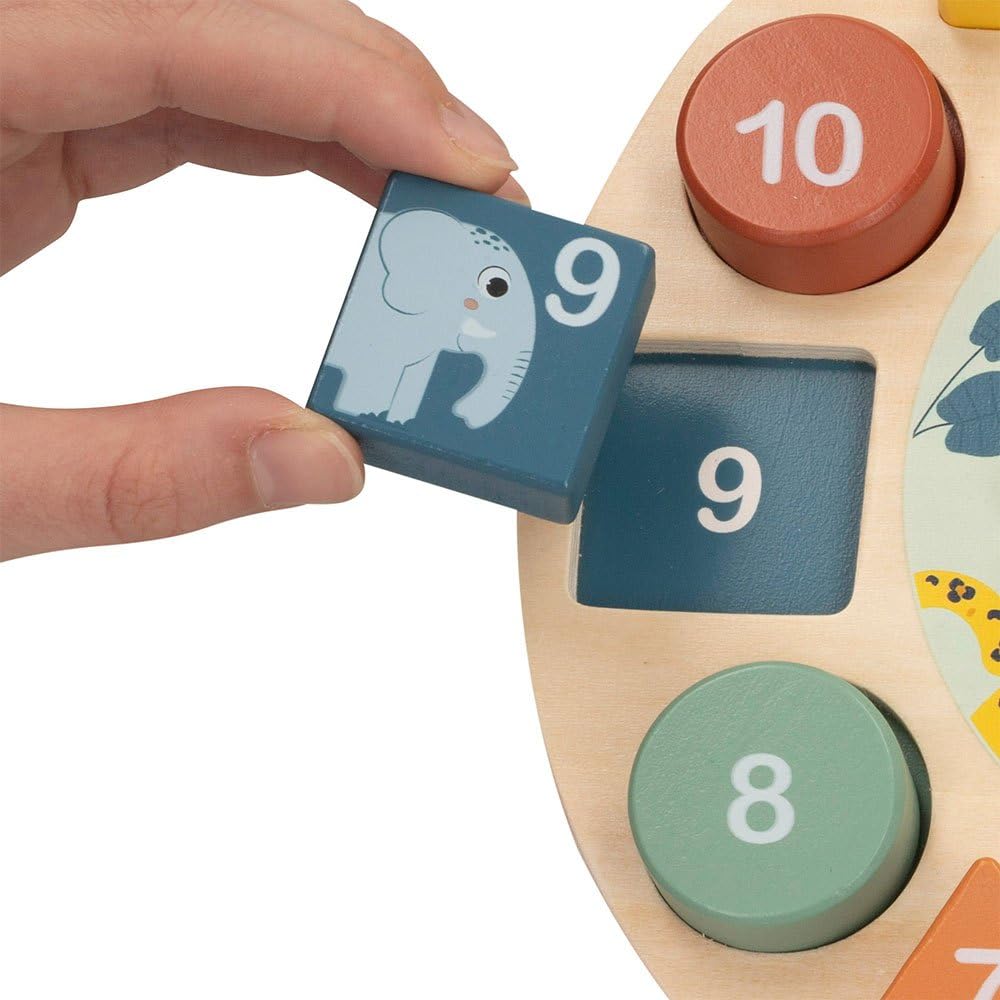 WOOMAX - Orologio in Legno Giocattolo, Zookabee, Diametro 22 cm, Animali Selvatici, Orologi educativi, Incassabili, Design Giungla, Gioco educativo, Giocattoli Bambini 3 Anni, Orologi educativi, FSC
