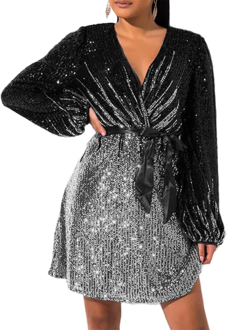 828 - Plus Size Long Sleeves Wrapped V Neck Sequins Skater Style Cocktail Evening Club Dress