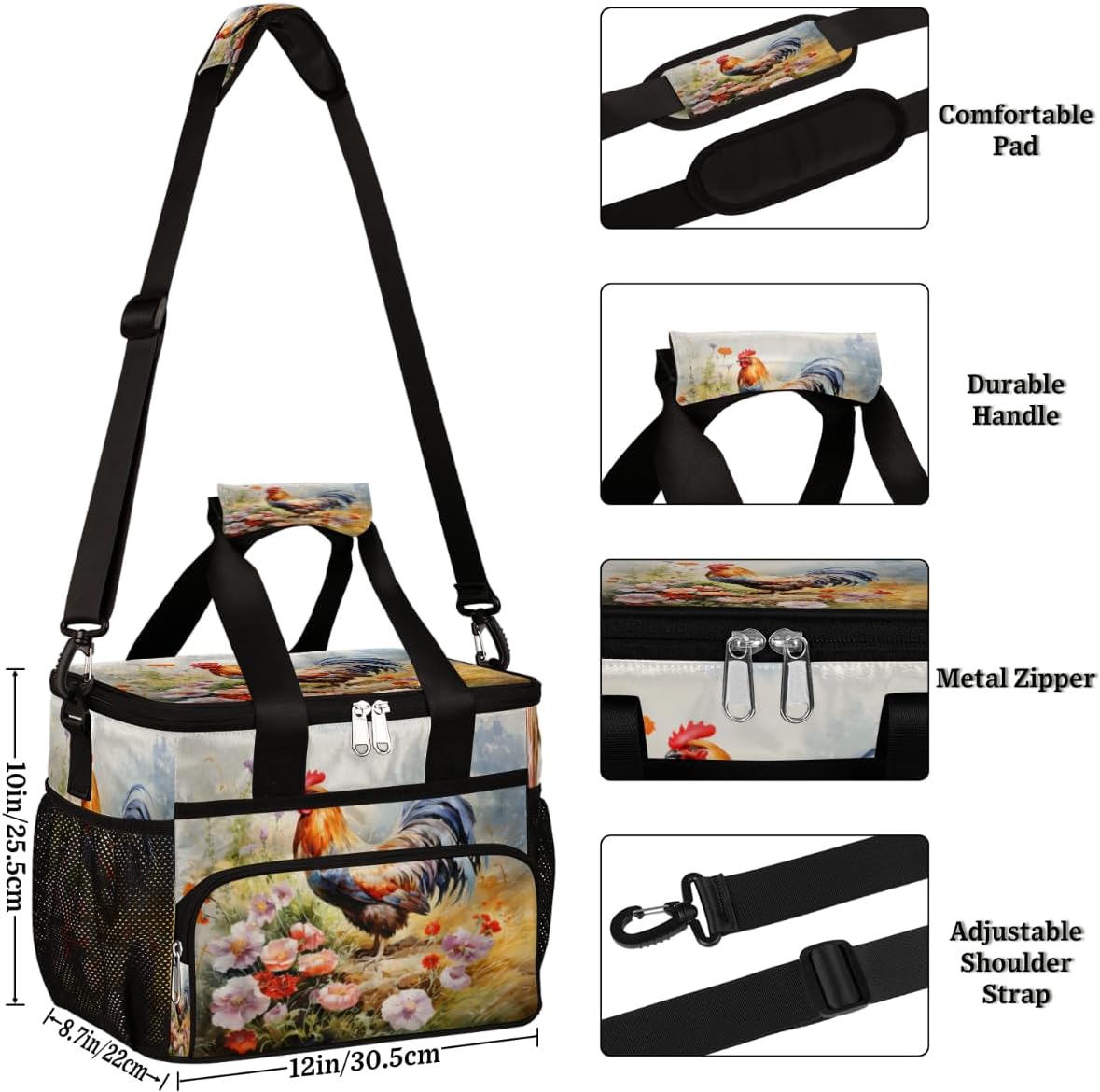 Watercolor Chicken Insulated Picnic Backpack Lunch Box for Women Men Picnic Basket Tote Lunch Bag Picnic Bag Portable Lunch Bags for Picnic, Beach, Work, Trip,Office, Camp Rooster Flowers