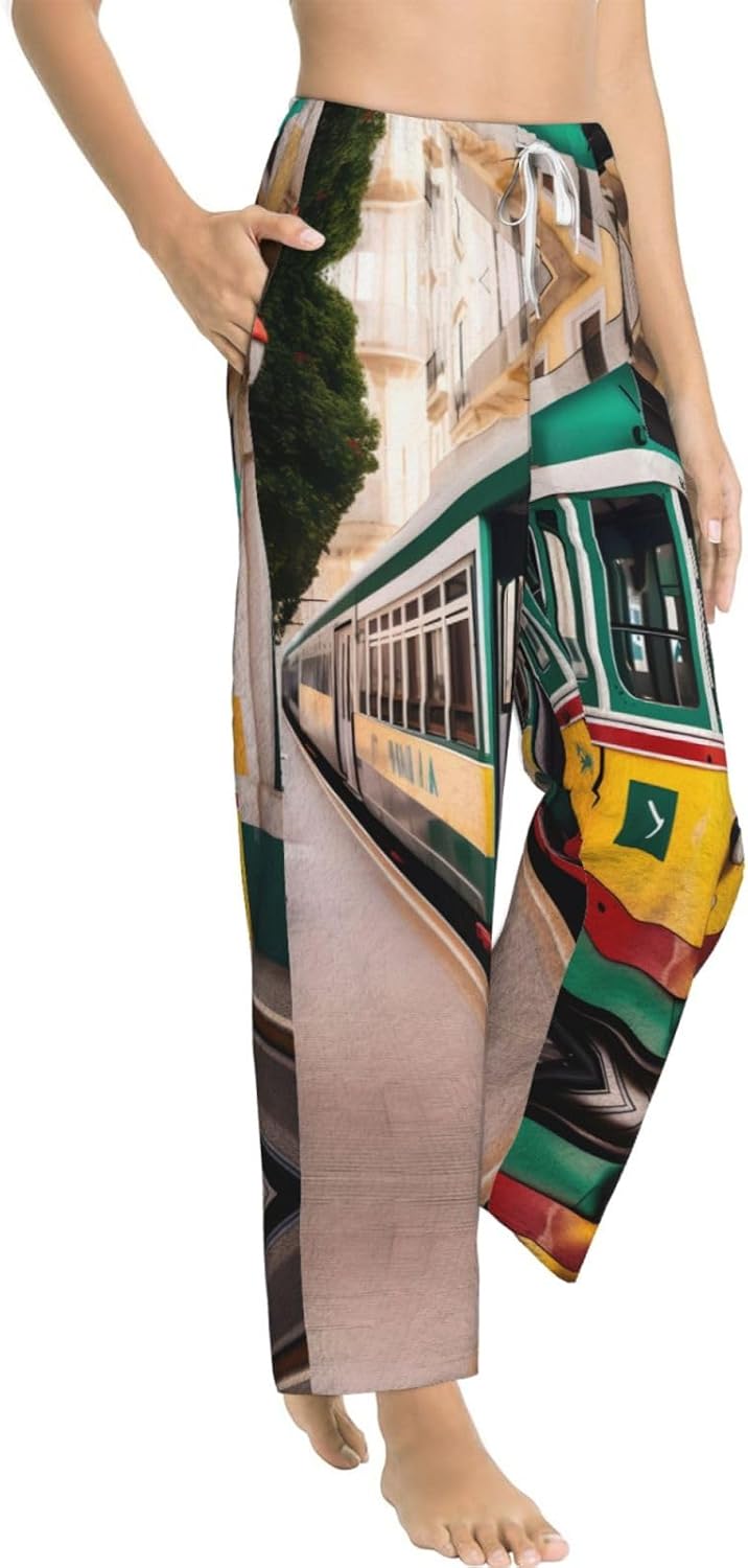Lisbon Tram Pattern Print Cozy Christmas Pajama Pants,Flannel Pajama Bottoms,Cater To Various Body Types